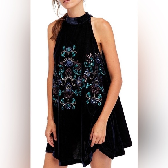 FREE PEOPLE Jills Velvet Sequin Swing Dress Mini Navy High Neck Size XS - Picture 2 of 13